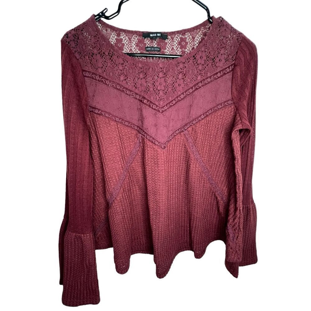 Miss Me Maroon Long Sleeve Thermal T-Shirt With Embroidered Flowers